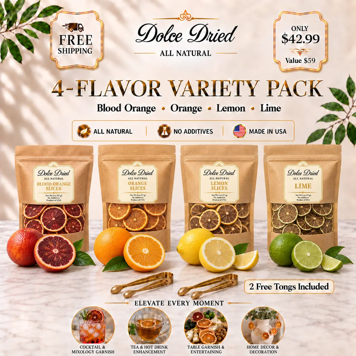 4-Flavor Dried Citrus Variety Pack – 120+ Slices | 8 oz + 2 FREE Golden Tongs
