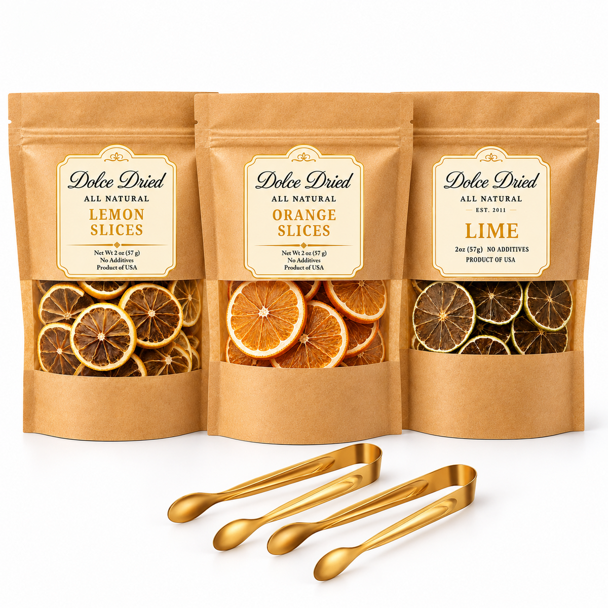 Dolce Dried dried lemon, orange and lime 3-pack with two gold garnish tongs